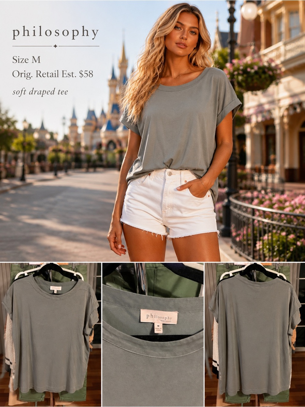 Philosophy Sage Green Soft Draped Short Sleeve Tee